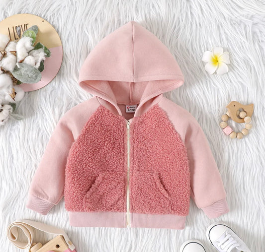 Baby Girl Winter Sherpa Fleece Colorblock Hooded Raglan-sleeve Jacket