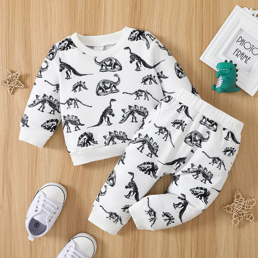 2pcs Baby Boy Allover Dinosaur Print Long-sleeve Sweatshirt and Sweatpants Set