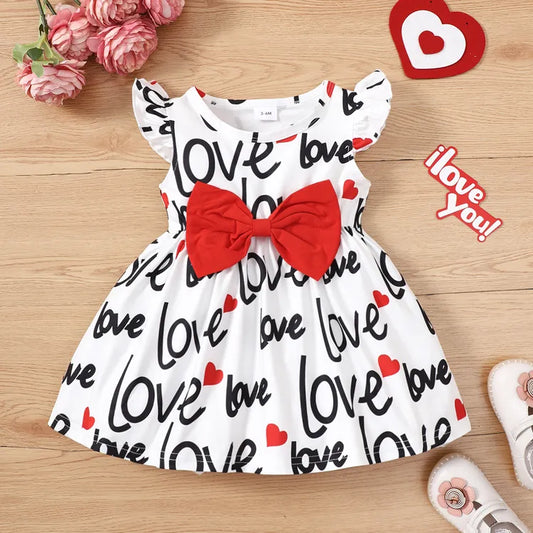 Baby Girl Allover Heart & Letter Print fancy Flutter-sleeve Bow Front Dress