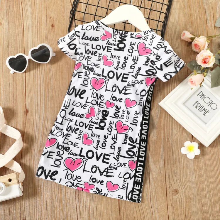 Baby Girl All Over Love Heart and Letter Print Short-sleeve Dress