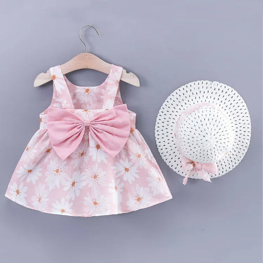 2pcs Baby Girl All Over Daisy Floral Print Bowknot Sleeveless Tank Dress with Hat Set