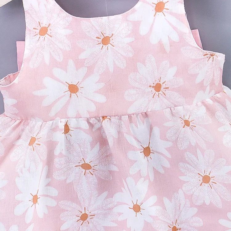 2pcs Baby Girl All Over Daisy Floral Print Bowknot Sleeveless Tank Dress with Hat Set